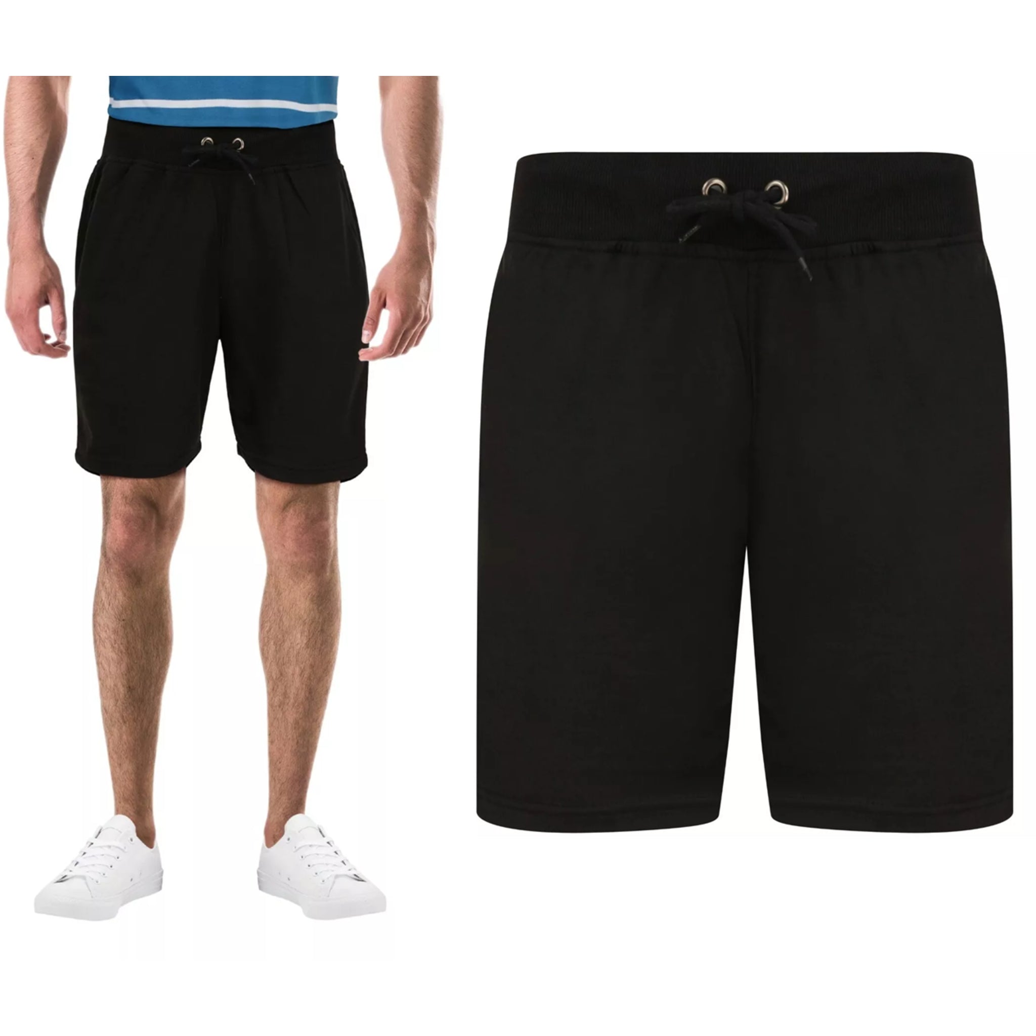 Men's Black jersey sweat shorts with adjustable drawstring waistband and secure zip pockets